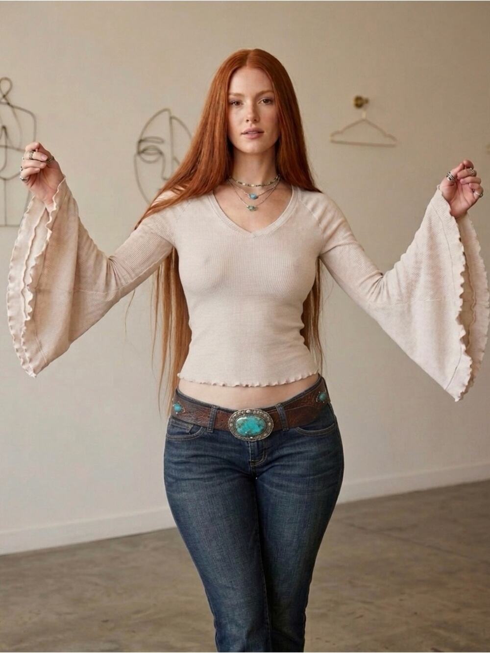 Altard State cream, ribbed V-neck crop. Long flare sleeve.  Small